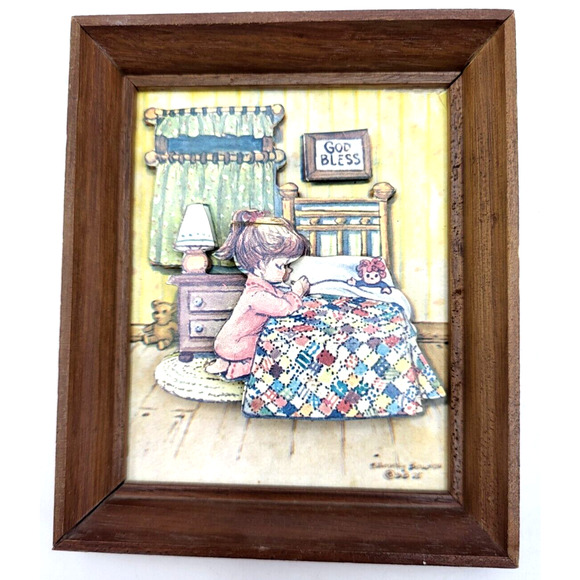 Vintage 1974 ARTMARK God Bless Girl Praying 3D Decoupage Paper Art 6x5" - Picture 7 of 7